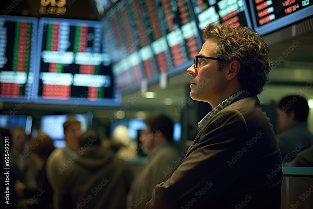 man on a suit looking at the stock market on screens man on a suit looking at the stock market on screens