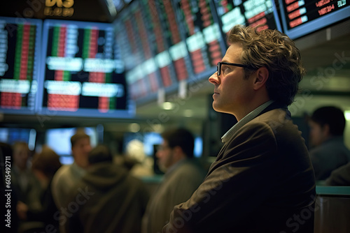 man on a suit looking at the stock market on screens