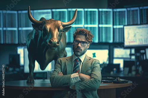 portrait of a man on a suit with the bull of wall street