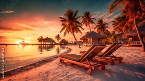 Evening landscape on a tropical island. Maldives with palm trees and sun loungers. Generative AI