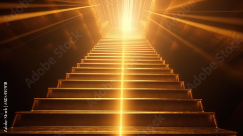 Luxury yellow golden staircase with gold light ray for award ceremony. Generative AI