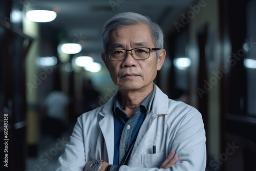 closeup portrait of an asian senior man medic male doctor specialist, wearing glasses, generative AI