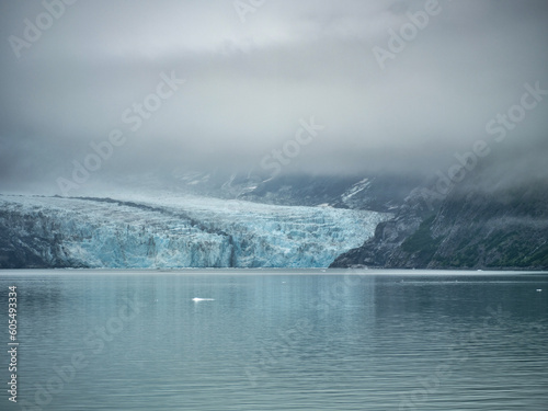Thick Fog and Mist roll down the mountains over the glaciers in Prince William Sound near Whittier Alaska