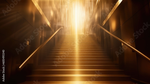 Luxury yellow golden staircase with gold light ray for award ceremony. Generative AI photo