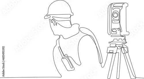 Close up of Caucasian worker with helmet on head using tablet for work while standing in warehouse. Surveyor with a tripod icon. Geodesic tripod. Vector illustration