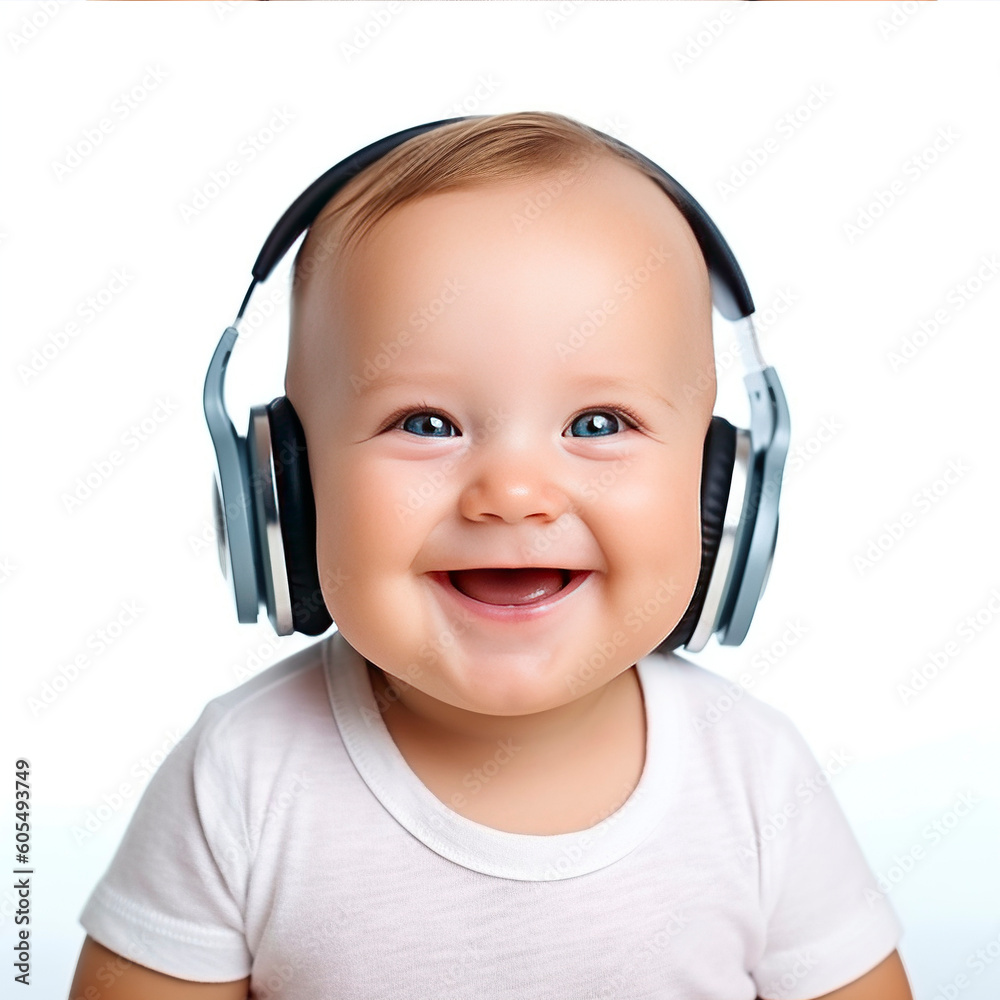 happy and cute white toddler with headphones isolated on a light background generative ai, fictional person happy and cute white toddler with headphones isolated on a light background generative ai, fictional person