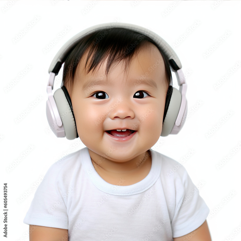 happy and cute Asian toddler with headphones isolated on a light background, Generative AI, Fictional person happy and cute Asian toddler with headphones isolated on a light background, Generative AI, Fictional person