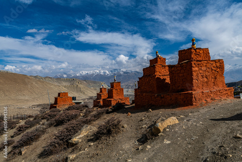 Colourfully painted Buddhist stupa, Ghar Gumba Monastery, Kingdom of Mustang, Himalayas, Nepal, Asia photo