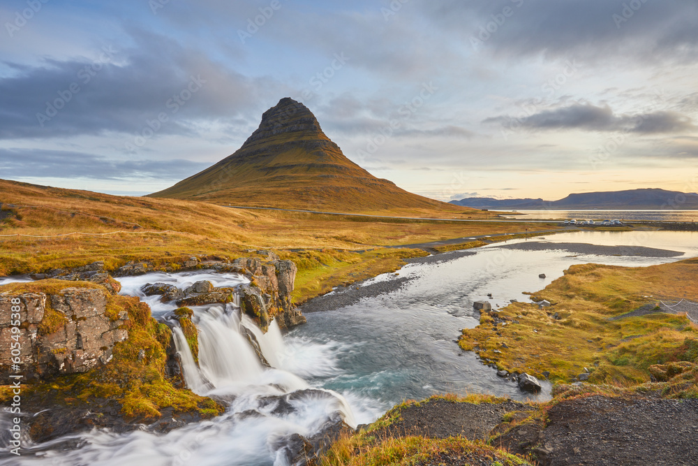 Mount Kirkjufell and Kirkjufellsfoss Falls, near the port of Grundarfjordur, Snaefellsnes peninsula, western Iceland, Polar Regions Mount Kirkjufell and Kirkjufellsfoss Falls, near the port of Grundarfjordur, Snaefellsnes peninsula, western Iceland, Polar Regions