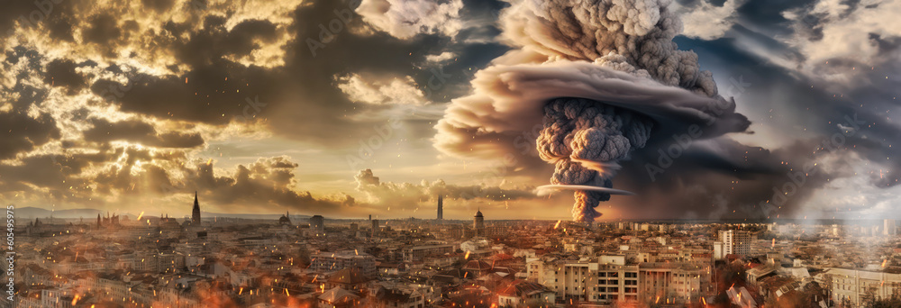 big nuclear explosion mushroom cloud effect over city skyline for apocalyptical aftermath of nuclear attach or the use of mass destruction weapons - Generative AI - obrazy, fototapety, plakaty 