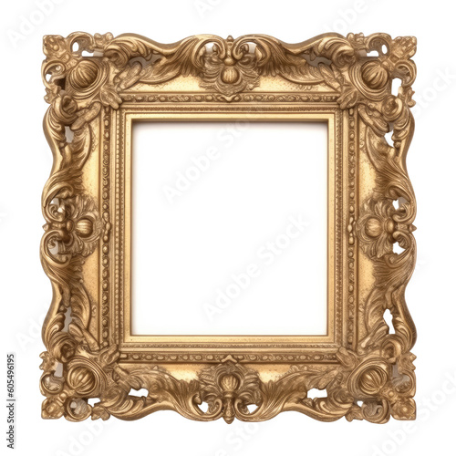 ornate square antique gold picture frame isolated on a transparent background