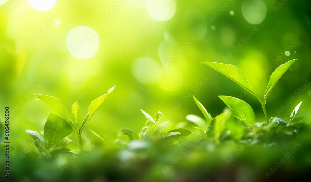 Nature of Green Leaves on beautiful Greenery bokeh background and copy space for text. Using as environment ecology cover page. Generative Ai