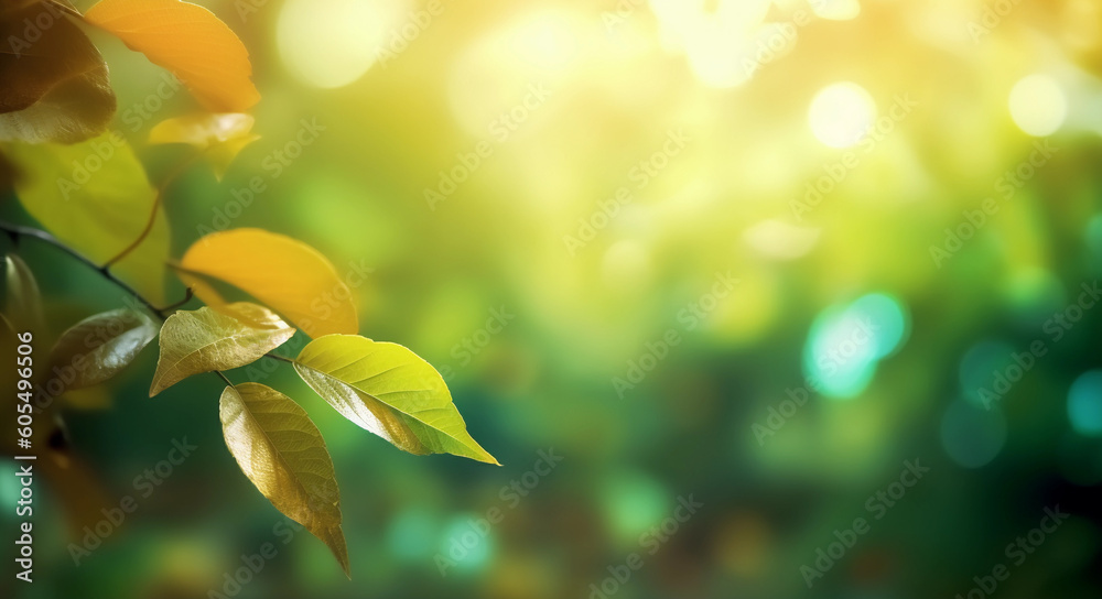 Nature of Leaves on beautiful Greenery bokeh background and copy space for text. Using as environment ecology cover page. Generative Ai Nature of Leaves on beautiful Greenery bokeh background and copy space for text. Using as environment ecology cover page. Generative Ai