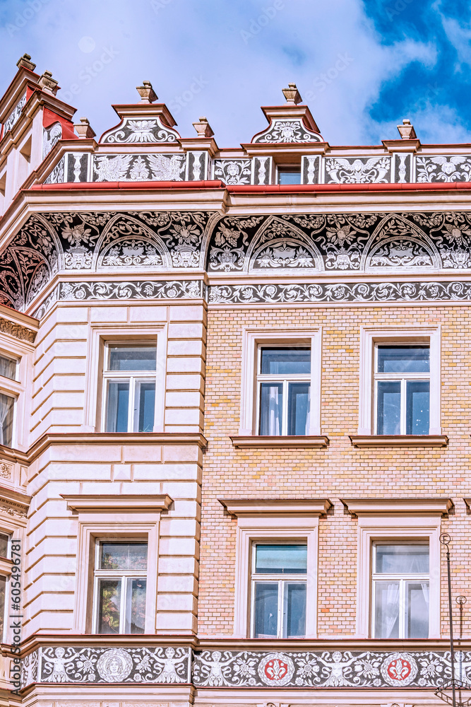 The Black Eagle Building, a prominent neo-renaissance building and landmark in the city’s Malá Strana district. , with its forest of sgraffito-work, built in 1888 to a plan by Jan Rixy. Prague, 2018