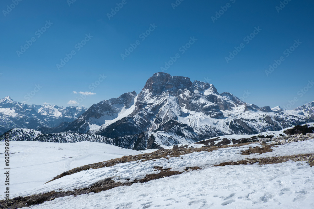 Croda Rossa D'Ampezzo mountain covered by pristine snow, Dolomites, Italy, Europe Croda Rossa D'Ampezzo mountain covered by pristine snow, Dolomites, Italy, Europe