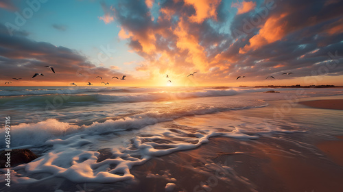 A peaceful beach scene with gentle waves, seagulls, and a colorful sunset captured with a wide-angle lens, using warm and vibrant film to create a serene and inviting atmosphere generative AI