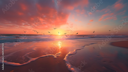 A peaceful beach scene with gentle waves, seagulls, and a colorful sunset captured with a wide-angle lens, using warm and vibrant film to create a serene and inviting atmosphere generative AI © Aaron Wheeler