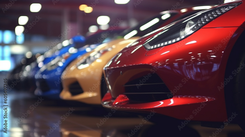 New cars at dealer showroom. Themed blur background with bokeh effect Generative AI