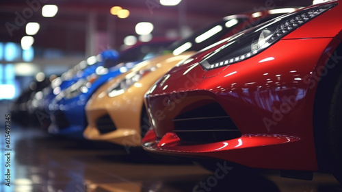 New cars at dealer showroom. Themed blur background with bokeh effect Generative AI © shaista