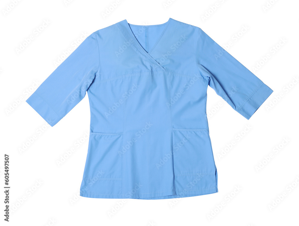 Blue medical uniform isolated on white, top view