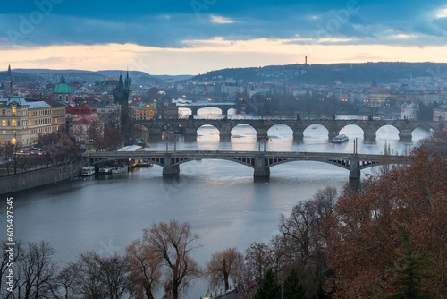 Bridges over Vltava River against sky seen from Letna park at twilight, Prague, Bohemia, Czech Republic (Czechia), Europe photo