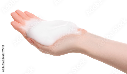 Woman with bath foam on white background  closeup