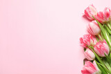 Beautiful colorful tulip flowers on pink background, top view. Space for text