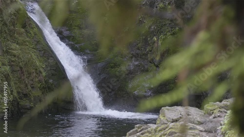 Waterfall in Nature Forest, sunny spring season day. Goldstream Falls, near Victoria, Vancouver Island, British Columbia, Canada. Slow Motion Cinematic photo