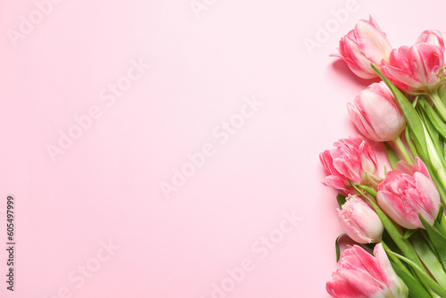 Beautiful colorful tulip flowers on pink background  top view. Space for text