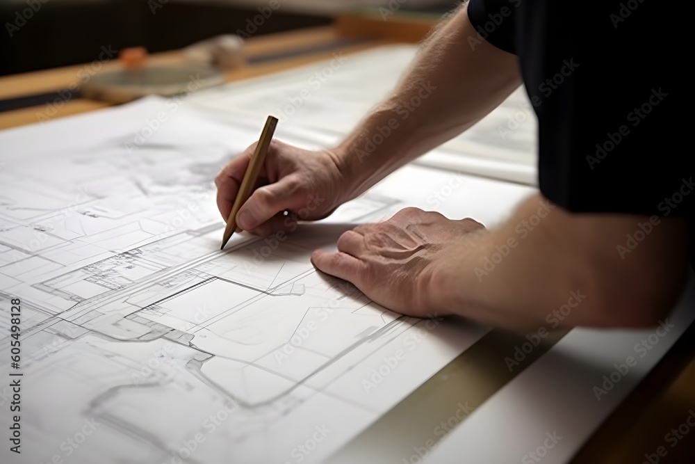 Frame the concentrated, methodical scene of an individual drafting blueprints, Generative AI Frame the concentrated, methodical scene of an individual drafting blueprints, Generative AI