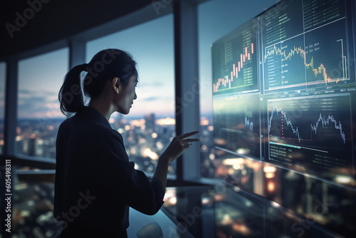 Finance trade manager analysing stock market  crypto or forex indicators for best investment strategy  financial data and charts with business buildings in background