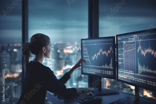 Finance trade manager analysing stock market, crypto or forex indicators for best investment strategy, financial data and charts with business buildings in background