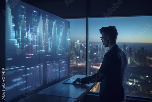 Finance trade manager analysing stock market  crypto or forex indicators for best investment strategy  financial data and charts with business buildings in background