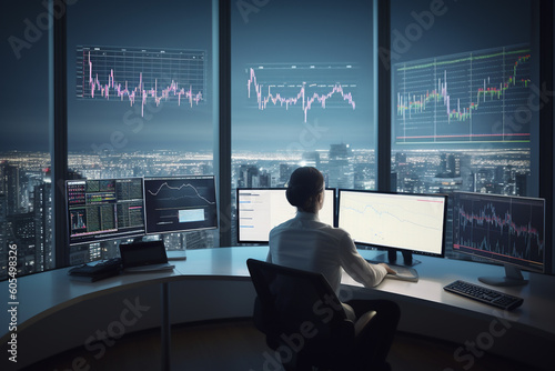 Finance trade manager analysing stock market, crypto or forex indicators for best investment strategy, financial data and charts with business buildings in background