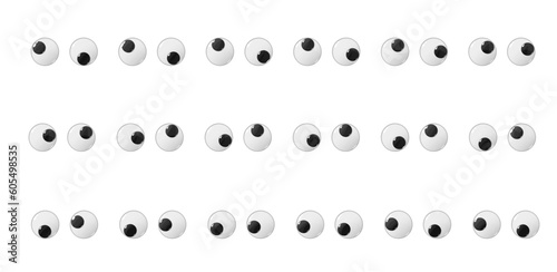 Plastic wobbly animated puppet toy eyes. Doll or toy moving realistic eyeballs, puppet or funny character isolated vector glossy glass or plastic wobbly eyes with irises looking up, down and sideways