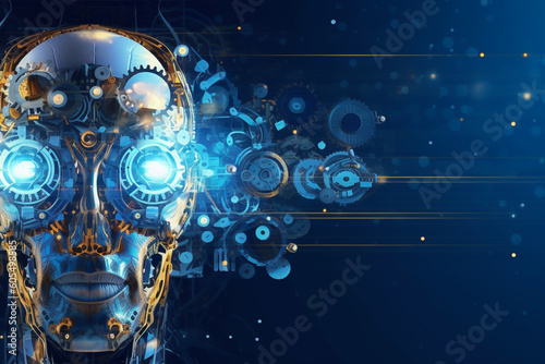 Humanoid cyborg robot powered by artificial intelligence  background banner  concept of machine learning advanced technology  AI