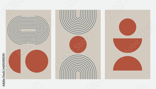Set of mid century poster abstract geometric shape contemporary. Design for wallpaper, background, wall decor, cover, print, card, branding. Modern trendy boho minimalist art.