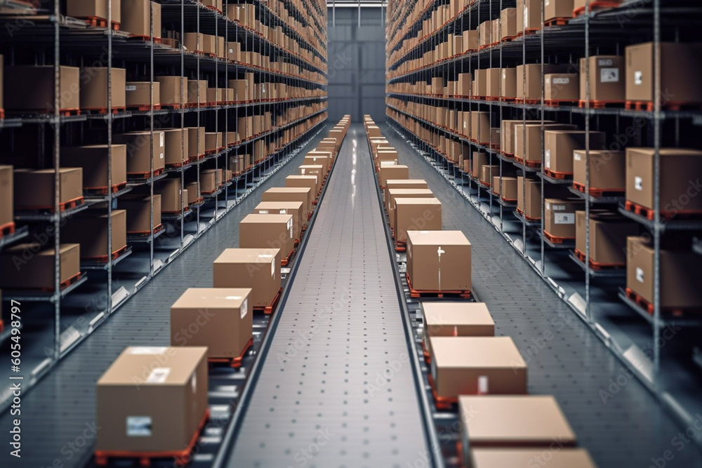 Logistics Warehouse automated Storage and packages retrieval systems, concept of smart technology inventory management conveyor systems, computer vision technology Logistics Warehouse automated Storage and packages retrieval systems, concept of smart technology inventory management conveyor systems, computer vision technology