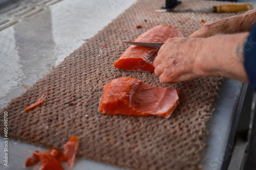 Salmon Filets being cut up on a cutting board during the Dip Netting season on the Kenai Peninsula of Alaska photo