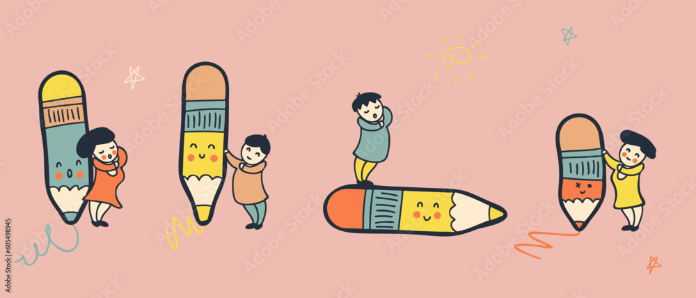 Various people with a giant pencils collection in retro style. Drawing, writing, creating, design, blogging concept. Hand drawn vector illustration.