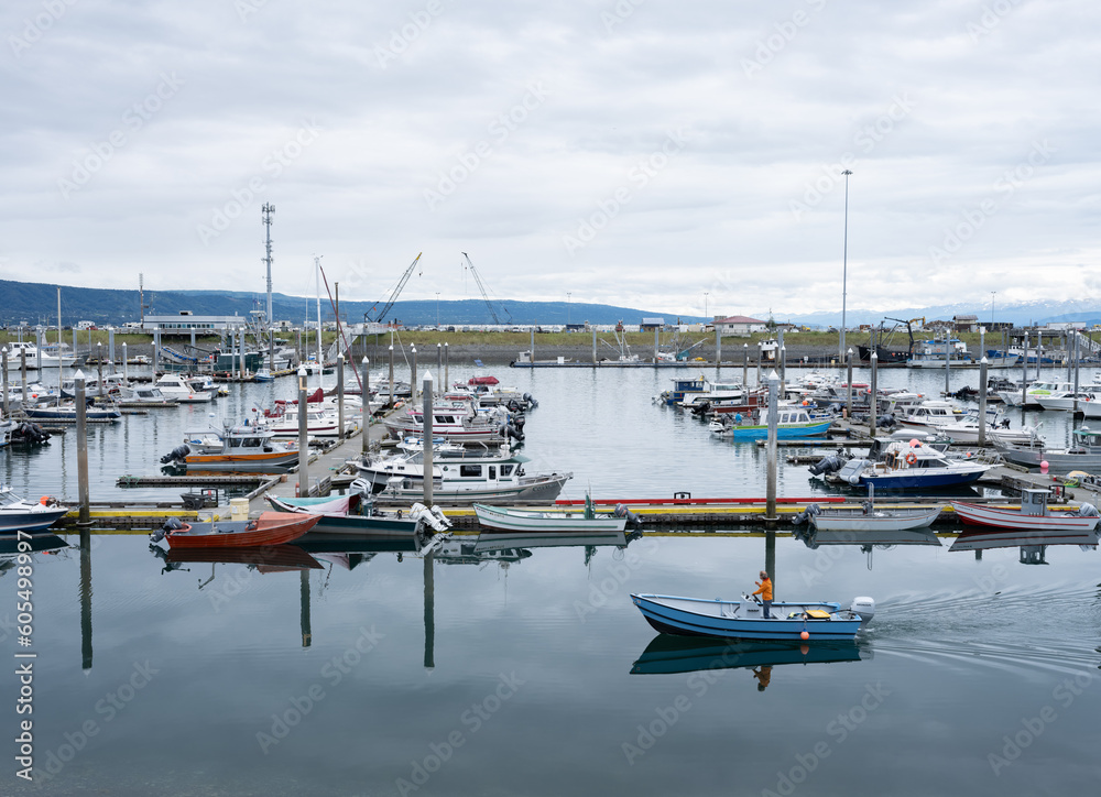 Protected deep water harbor in Homer Alaska on the Homer Spit used by fisherman and casual boaters and commercial fisherman