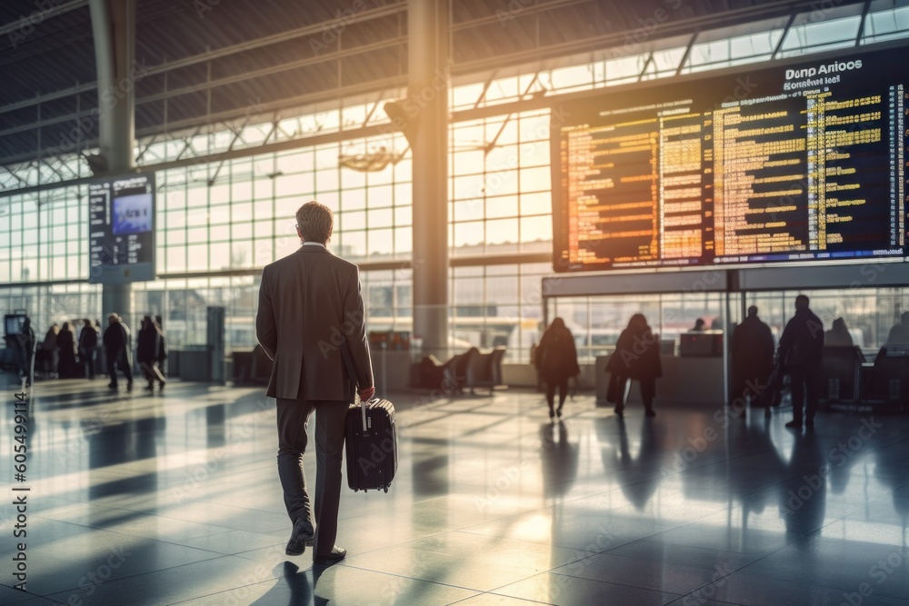 Generative AI Illustration of a businessman from behind looking at the screen with the information of departure and arrival times and flights in an airport