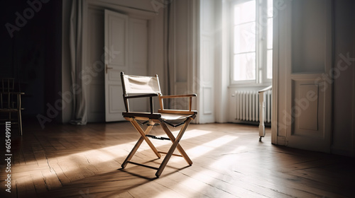 Directors chair stands in the beam of light in soft white room. Vacant chair. The concept of selection. Realistic 3D illustration. Generative AI