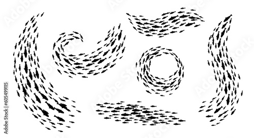 Shoal and fish school silhouettes. Marine and underwater life, ocean nature and ecology, seafood and fishing industry vector symbols or background with tuna or salmon fish line, round and wave shoals
