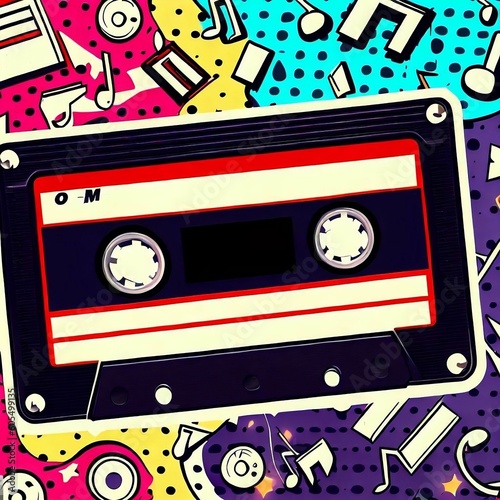 Vintage Retro Style Hipster 80 s 90 s Cassette with Blank Label Mockup Template Pop Art Music Symbols Background Thin Audio Magnetic Tape Recorder Listen on Headphones  Music Collection  Generative AI