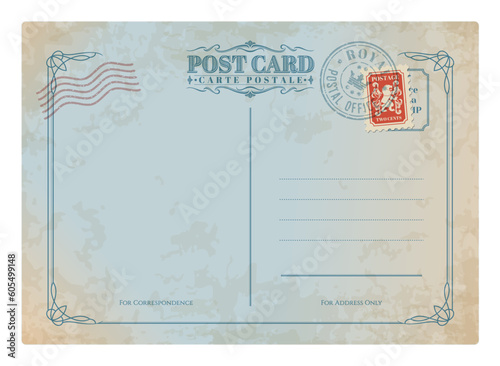 Antique postcard, retro postage stamp on vintage mail. Travel nostalgic paper letter, correspondence vector retro postcard or postage note frame. Antique wedding invitation message card