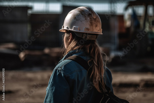female worker wearing a protective helmet and safety gear on a construction site Generative AI