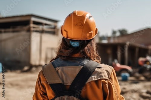 female worker wearing a protective helmet and safety gear on a construction site Generative AI © shaista