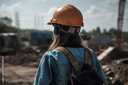 female worker wearing a protective helmet and safety gear on a construction site  Generative AI © shaista