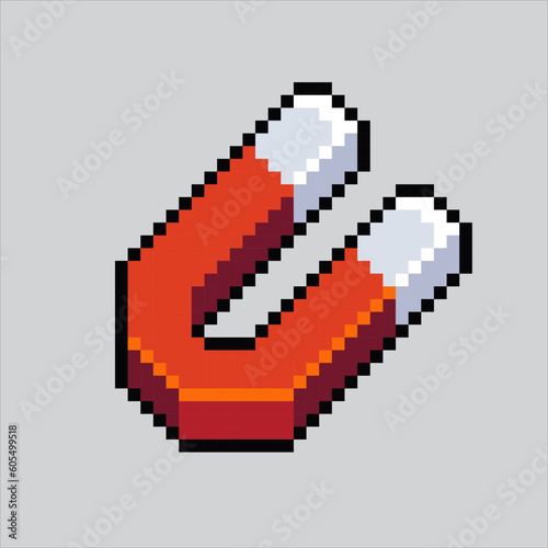 pixel art magnet. Red blue magnet pixelated design for logo, web,
mobile app, badges and patches. Video game sprite. 8-bit. Isolated vector illustration.